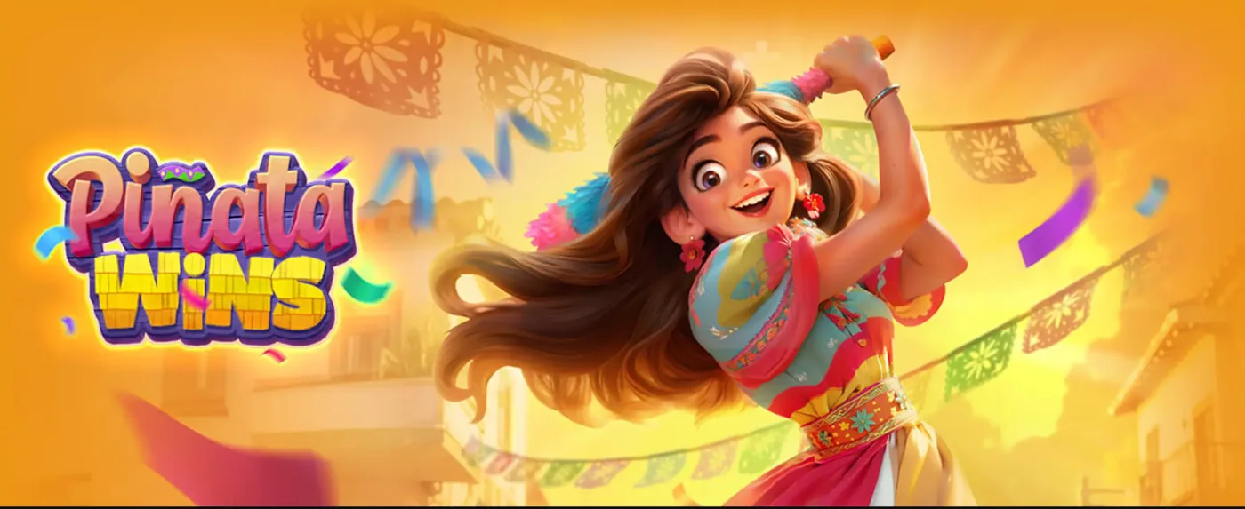 Pinata Wins title art with festive Mexican street and Wild character